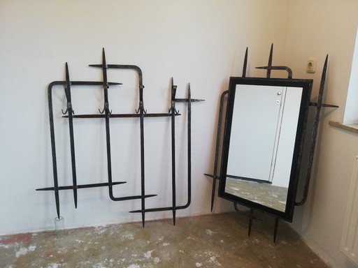 Mid - Century Brutalist Wardrobe - Mirror / Coat Rack - Wrought Iron