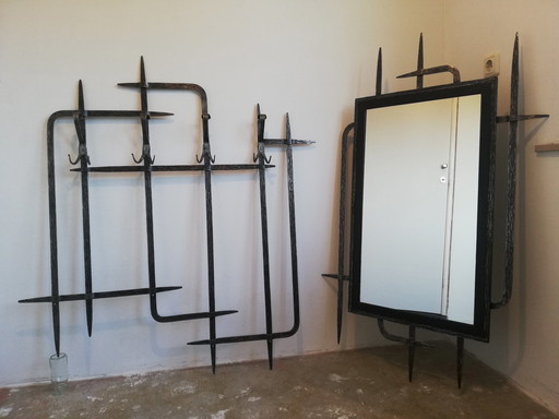 Mid - Century Brutalist Wardrobe - Mirror / Coat Rack - Wrought Iron