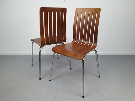 Set (2) Design Chairs In Walnut Veneer. Legs In Chrome.