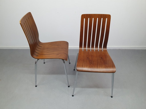 Set (2) Design Chairs In Walnut Veneer. Legs In Chrome.