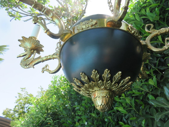 Image 1 of Lámpara de araña Empire "Aux Cygnes" de Lucien Gau, París, bronce dorado