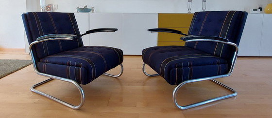 Image 1 of 2x Thonet armchairs tubular frame with fabric Hella Jungerius