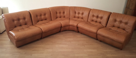 Image 1 of Vintage Italian Cognac Leather Modular Sofa, 1970, Set Of 5