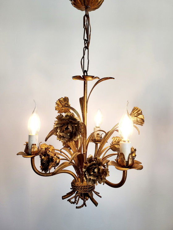 Image 1 of Hollywood Regency Roses chandelier, gold-plated, three arms, Italy