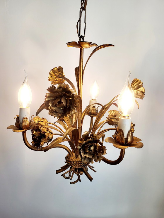 Image 1 of Hollywood Regency Roses chandelier, gold-plated, three arms, Italy