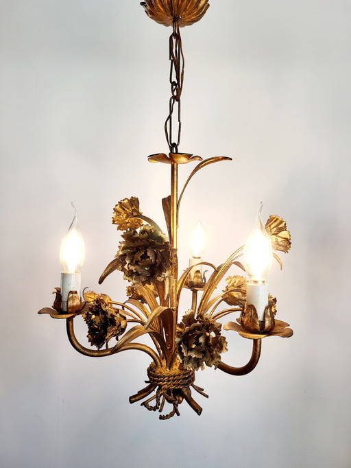 Hollywood Regency Roses chandelier, gold-plated, three arms, Italy