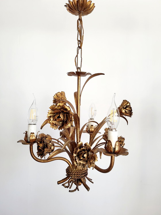 Image 1 of Hollywood Regency Roses chandelier, gold-plated, three arms, Italy