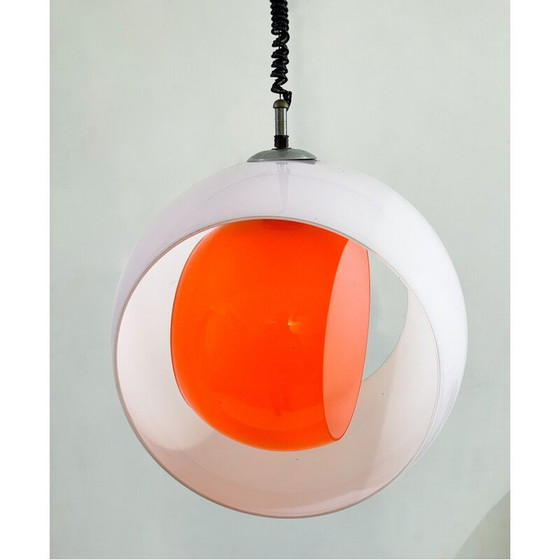 Image 1 of Vintage "Eclisse" pendant lamp in white and orange Murano glass by Carlo Nason for Mazzega, Italy 1960