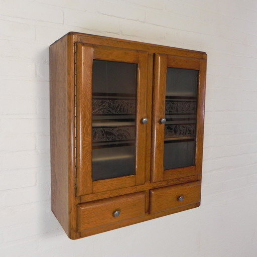 Wall Cabinet With 2 Doors With Figure Glass And 2 Drawers, 1950s