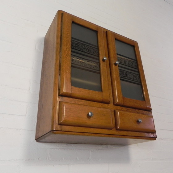 Image 1 of Wall Cabinet With 2 Doors With Figure Glass And 2 Drawers, 1950s