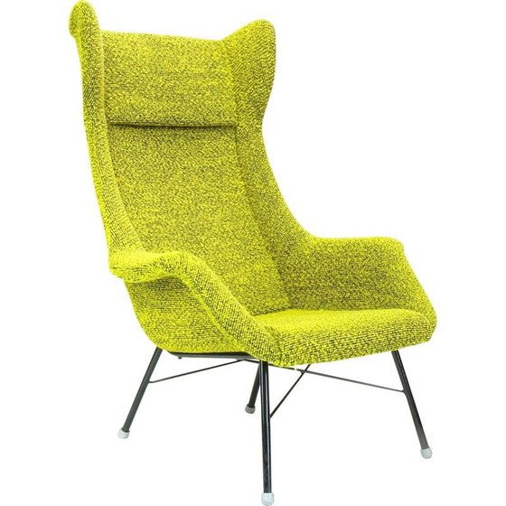 Image 1 of Vintage Wingback armchair in yellow and green fabric by Miroslav Navratil for Ton, 1960