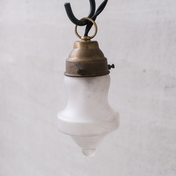 Image 1 of Set of 4 vintage pendant lamp in opaque glass and brass France 1950