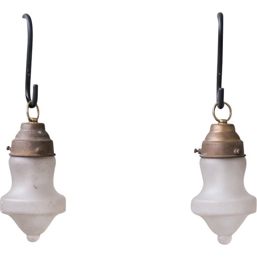 Set of 4 vintage pendant lamp in opaque glass and brass France 1950