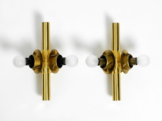 Image 1 of Pair Of Beautiful And Rare 1960S Kaiser Brass Wall Lamps With Two Golden Glass Spheres