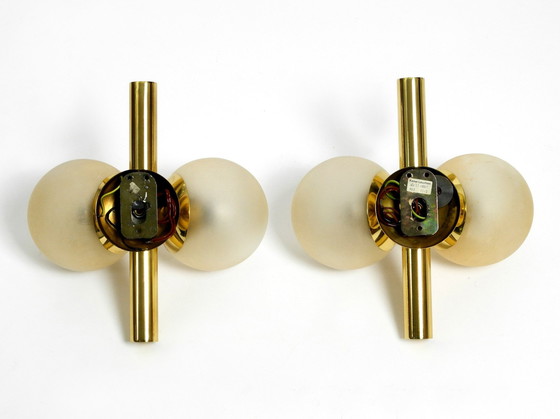 Image 1 of Pair Of Beautiful And Rare 1960S Kaiser Brass Wall Lamps With Two Golden Glass Spheres