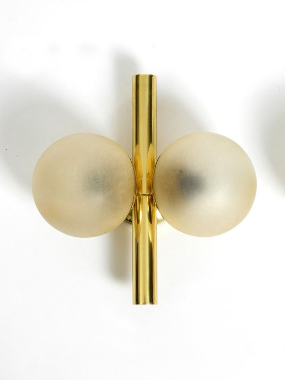 Image 1 of Pair Of Beautiful And Rare 1960S Kaiser Brass Wall Lamps With Two Golden Glass Spheres