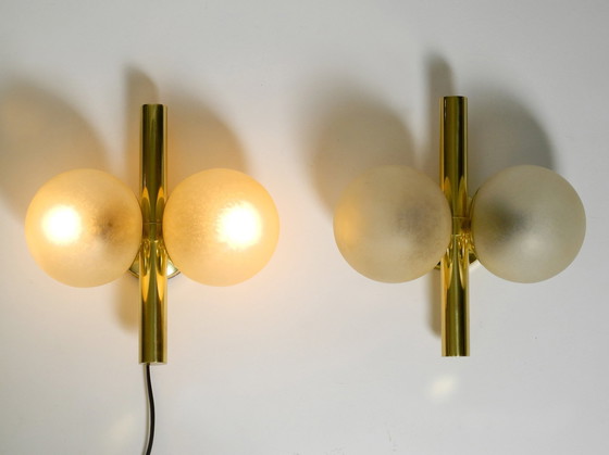 Image 1 of Pair Of Beautiful And Rare 1960S Kaiser Brass Wall Lamps With Two Golden Glass Spheres