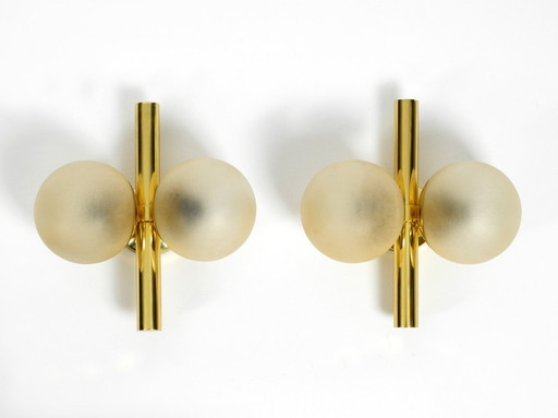 Pair Of Beautiful And Rare 1960S Kaiser Brass Wall Lamps With Two Golden Glass Spheres