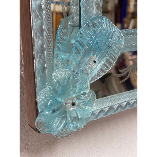 Venetian Rectangular Light-Blue Floreal Hand-Carving Mirror In Murano Glass Style