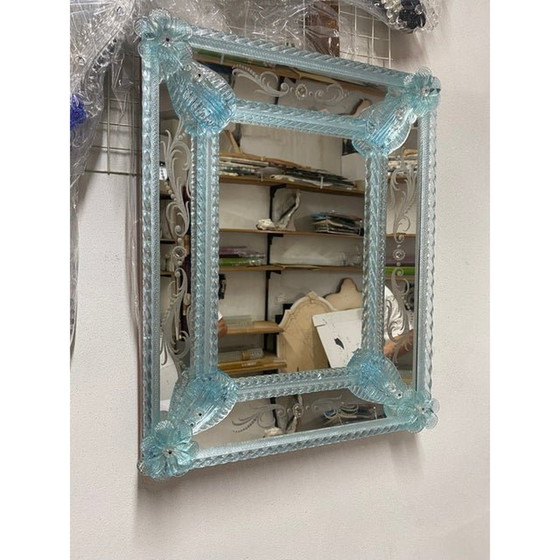 Image 1 of Venetian Rectangular Light-Blue Floreal Hand-Carving Mirror In Murano Glass Style