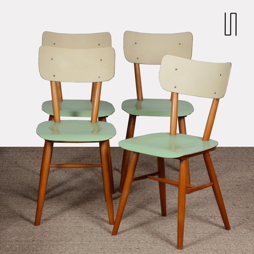 Suite Of 4 Vintage Wooden Chairs, Edited By Ton, 1960