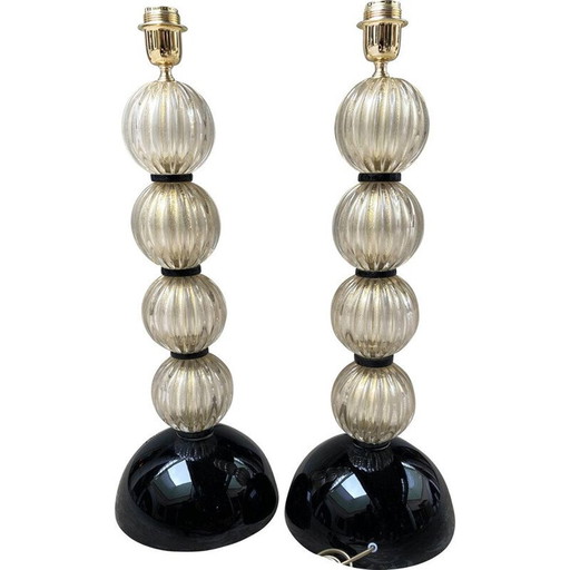 Pair of vintage gold and black murano glass lamps, 1980