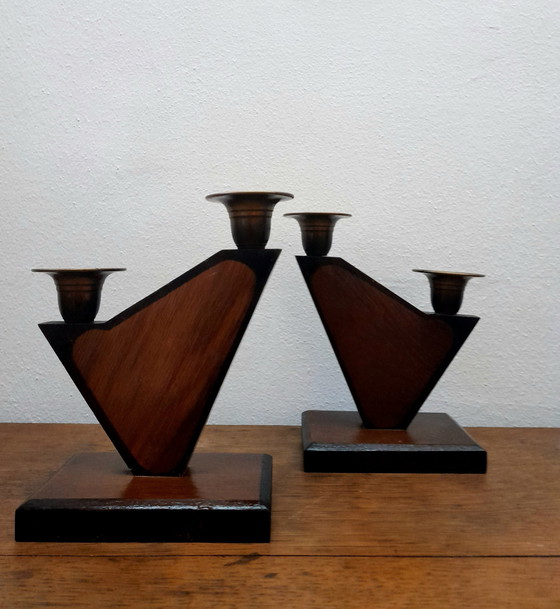 Image 1 of 2X Art Deco Wooden Church Candleholders