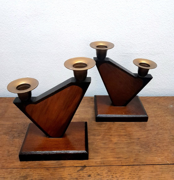 Image 1 of 2X Art Deco Wooden Church Candleholders