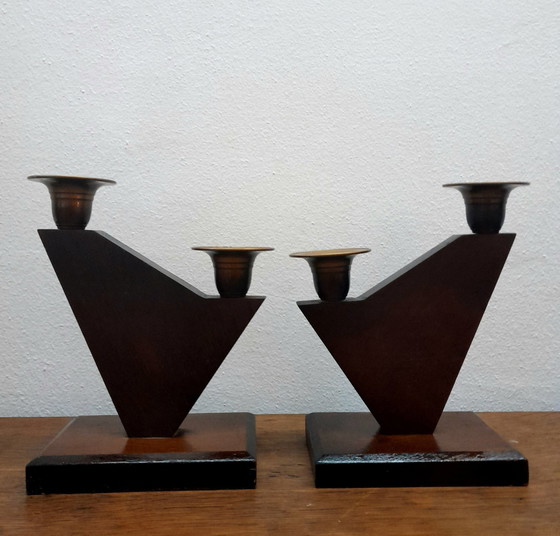 Image 1 of 2X Art Deco Wooden Church Candleholders