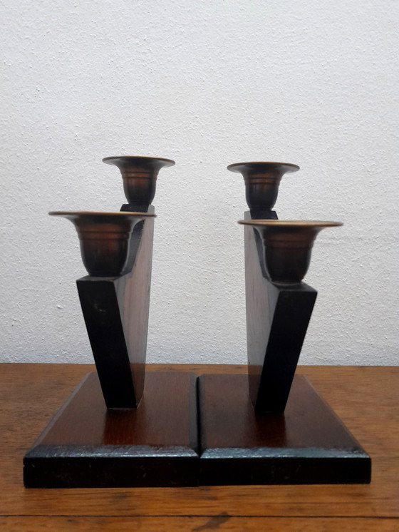 Image 1 of 2X Art Deco Wooden Church Candleholders