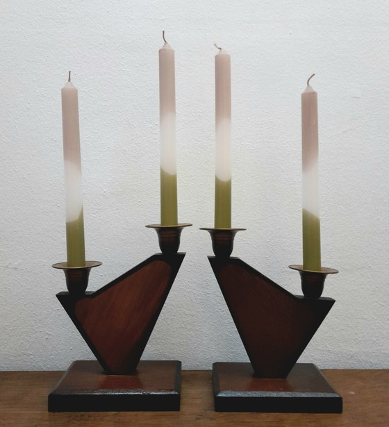 Image 1 of 2X Art Deco Wooden Church Candleholders