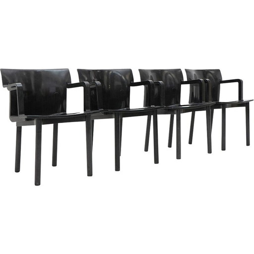 Set of 4 vintage chairs model “4870” in molded black plastic by Anna Castelli for Kartell, Italy 1980