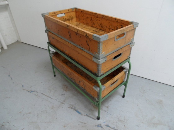 Image 1 of Industrial Storage Rack With Wooden Bins 1960'S