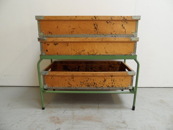 Image 1 of Industrial Storage Rack With Wooden Bins 1960'S