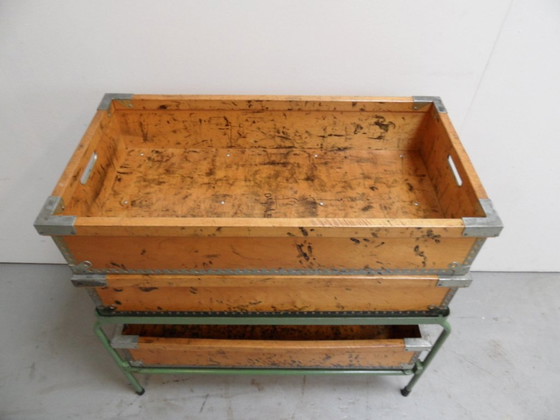 Image 1 of Industrial Storage Rack With Wooden Bins 1960'S