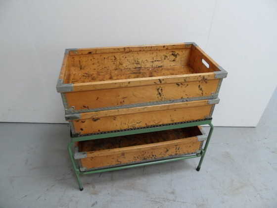 Image 1 of Industrial Storage Rack With Wooden Bins 1960'S