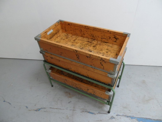 Image 1 of Industrial Storage Rack With Wooden Bins 1960'S