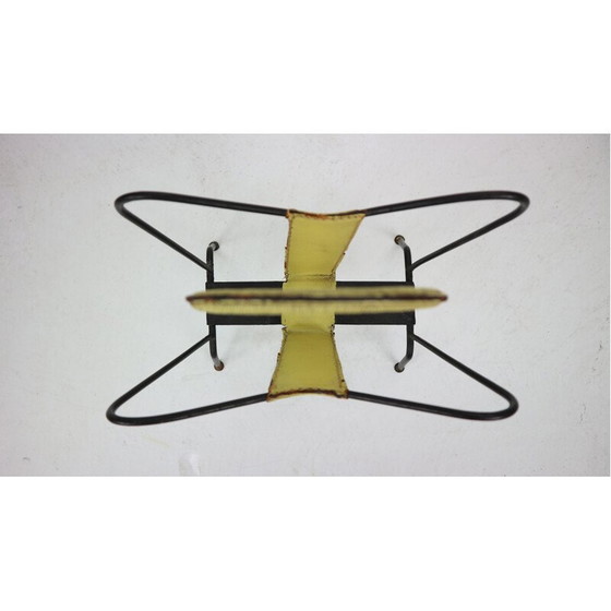 Image 1 of Vintage Yellow Leather and Black Iron Magazine Rack Jacques Adnet  France 1950