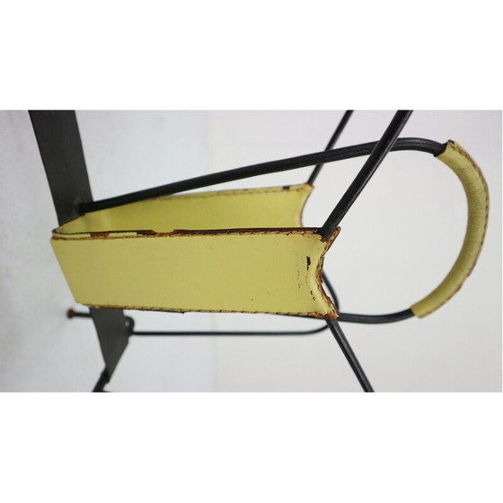 Image 1 of Vintage Yellow Leather and Black Iron Magazine Rack Jacques Adnet  France 1950