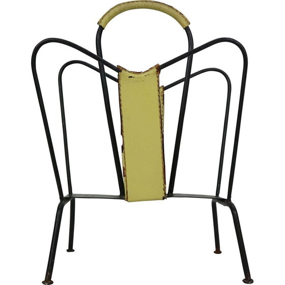 Image 1 of Vintage Yellow Leather and Black Iron Magazine Rack Jacques Adnet  France 1950
