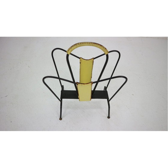 Image 1 of Vintage Yellow Leather and Black Iron Magazine Rack Jacques Adnet  France 1950