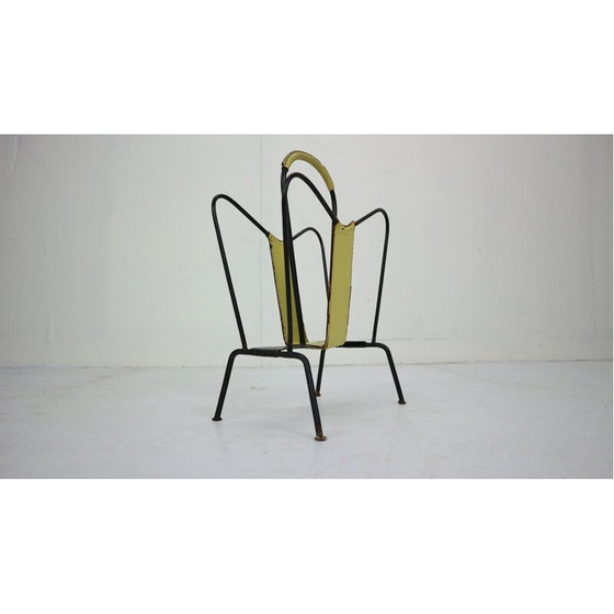 Image 1 of Vintage Yellow Leather and Black Iron Magazine Rack Jacques Adnet  France 1950