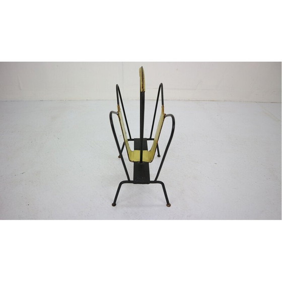 Image 1 of Vintage Yellow Leather and Black Iron Magazine Rack Jacques Adnet  France 1950