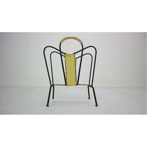 Vintage Yellow Leather and Black Iron Magazine Rack Jacques Adnet  France 1950