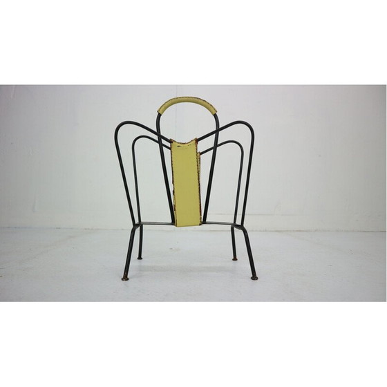 Image 1 of Vintage Yellow Leather and Black Iron Magazine Rack Jacques Adnet  France 1950