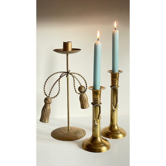 Image 1 of Set of 3 vintage brass bow candlesticks