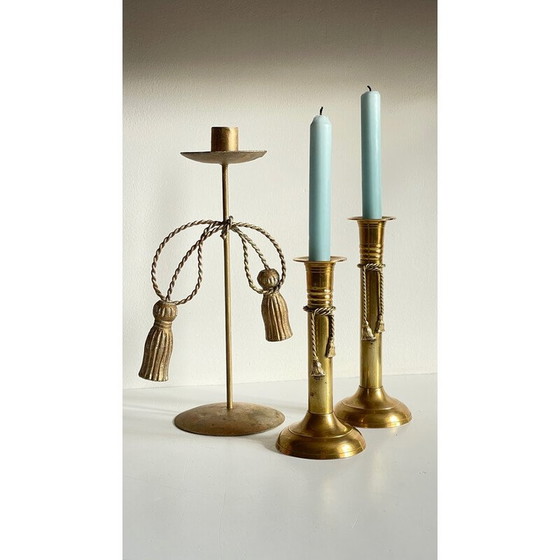 Image 1 of Set of 3 vintage brass bow candlesticks