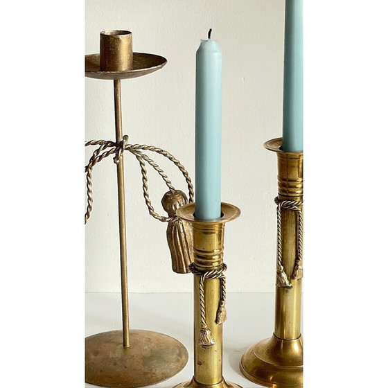 Image 1 of Set of 3 vintage brass bow candlesticks