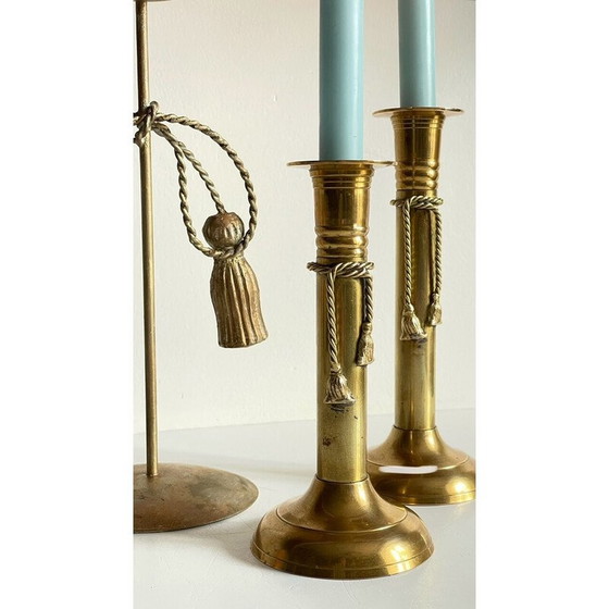 Image 1 of Set of 3 vintage brass bow candlesticks