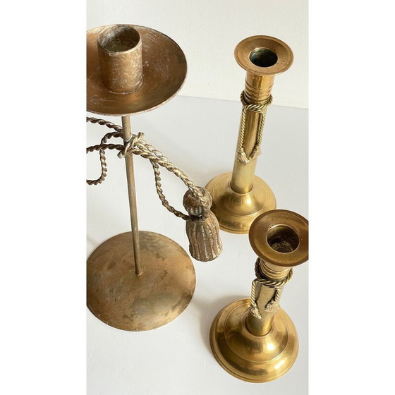 Image 1 of Set of 3 vintage brass bow candlesticks